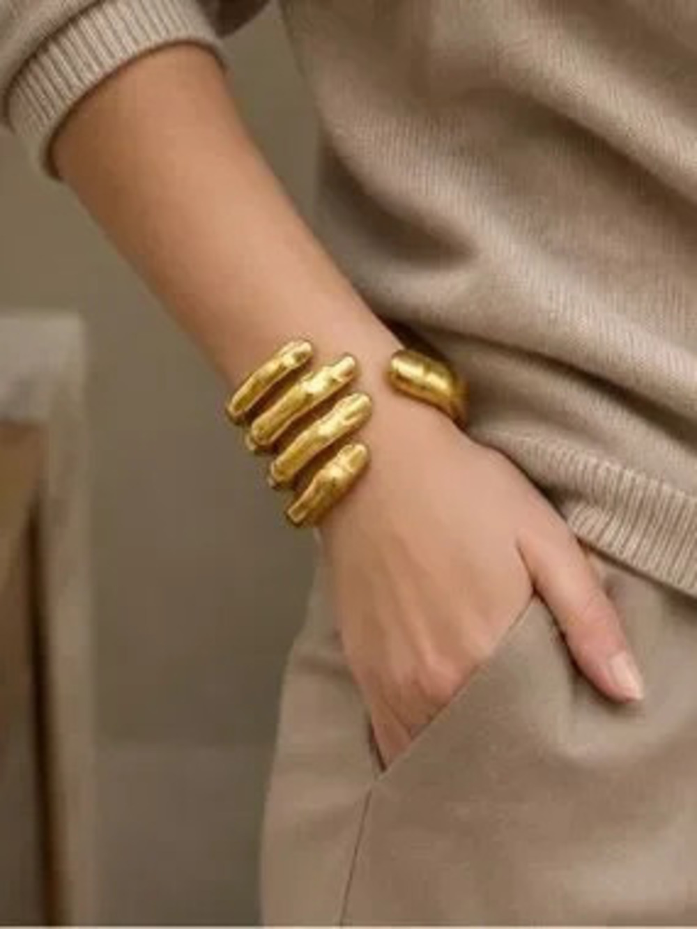 Sculptural Golden Hand Cuff Bracelet